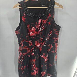 Melrose Black Red Floral Beaded Taffeta Midi Dress 14P